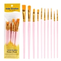 Set van 10 roze kunstenaarspenselen met gouden ringen voor aquarel- en olieverfschilderen - 10-delige Set / Roze