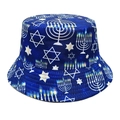 Détail du chapeau bob bleu marine avec motifs imprimés de Menorah et d'Étoile de David - M (56-58cm) / Imprimé Étoile de David et Menorah (Style 1)