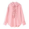 Detail of pink long-sleeved shirt featuring ruffled collar and lace-up chest stitching - XS / Pink