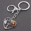 Detailed view of handmade tree of life keychain with multi-color natural crystal stones - Lobster Clasp Multi-color Heart Shape