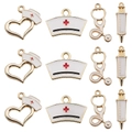 Golden enamel medical charms set featuring heart nurse hats, stethoscopes and syringes - Enamel Medical Set (SN205)
