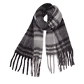 Black and grey plaid scarf with thick tassels made of soft chunky loop yarn fabric - Gray