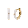 Macro detail of white enamel earrings with gold plating and sparkling crystal stud - Round Hoop / White/Gold