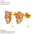 Detail of 18k gold plated stainless steel stud earrings with pink and clear zircon crystals - Pink Square and Clear Heart Style (SE219G)