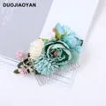 Bohemian forest style bridal hair comb with blue and green artificial fabric flowers - FS05-4 Blue