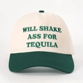 Retro baseball cap in beige and dark green with WILL SHAKE ASS FOR TEQUILA embroidery - Cream/Dark Green