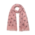 Pink lightweight long scarf with golden bee print and frayed edges for women - Pink