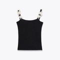Elegant black knit camisole top featuring 3D white floral details on shoulder straps - S / Black