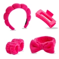 Detailed set of rose red plush headband, wristbands, bow hairband, and matte hair claw - Rose Red 5pcs Set (Headband, Hair Clip, Scrunchies, Wristbands)