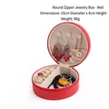 Red circular velvet jewelry box with zipper and multi-compartment storage for rings - Round Zipper Style / Red