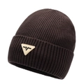 Dark brown ribbed knit beanie featuring a yellow triangular logo patch for winter warmth - Coffee