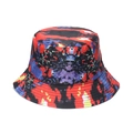 Macro view of 3D tie-dye bucket hat with vibrant red blue and yellow abstract pattern - Red Black Blue Purple Yellow Abstract Tie-dye