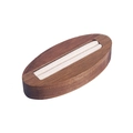 Oval walnut wood ring display stand with cream fabric slots on white background - Off-white Velvet