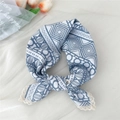 Blue and white geometric pattern headscarf with delicate white lace trim detail - Grey Round Geometric
