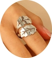 Anillo abierto de plata con diseño de doble hoja y textura ajustable - Anillo abierto de hoja plateada (WG-0949) / Plateado