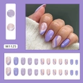 Purple press-on nails with white floral patterns and wavy lines in almond shape - Purple Pink Flower (W1125)