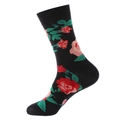 Black crew socks featuring vintage red and pink rose floral patterns with green leaves - 904 Rose