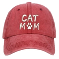 Washed red cotton baseball cap with embroidered CAT MOM text and cat paw design - Washed Red CAT MOM Embroidery Baseball Cap