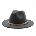 Classic dark grey woolen fedora jazz hat with khaki leather belt and metal buckle - One Size(58cm) / Dark Gray