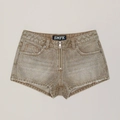 Pantaloncini denim a vita bassa con strass densi e patch logo sul retro color sabbia - XS / Diamante Selvaggio/Khaki con Strass