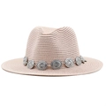 Men's Panama straw hat with bohemian alloy sunflower decorative band for beach sun protection - Flesh Pink
