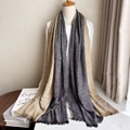 Minimalist dark gray and beige striped cotton linen scarf with fine fringe tassels - Black and Khaki