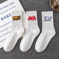 Three-pack white mid-calf cotton socks with colorful graffiti-style letter embroidery - Combo 1-2-4