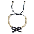 Adjustable black crystal bow bracelet with golden beads and handmade braided cord - Black Gold Faceted Bead Bow (JS-B24022901D)