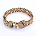 Close-up of vintage gold stainless steel woven chain bracelet with wolf head clasp detail - Vintage Gold 3D Wolf Head Style (Gold 款3)