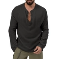 Detail of charcoal grey Henley shirt with V-neck button placket and textured fabric - S / Top (YZ-1) / Black
