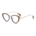 Occhiali cat-eye marroni con sottili stanghette in metallo dorato in vista a 45 gradi - Montatura Oro Tè Anti-luce Blu