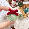 Handmade Christmas wreath brooch with green plush, red velvet bow and gold beads - Small Light Color Thick Wreath Ring Brooch / Approx 3.5cm
