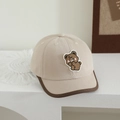 Close-up of beige canvas kid baseball cap featuring a cute brown bear embroidery patch - 50-52cm (2-4 Years) / Shy Bear - Off White