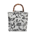Minimalist linen tote bag with black and white botanical patterns and bamboo handles - Gray