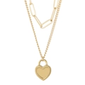 Golden double layer necklace with paperclip and Cuban chains featuring heart padlock pendant - Gold Double Layer Necklace-Gold Heart Lock (KN230933-Z)