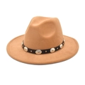 Classic camel wool fedora hat featuring a vintage metallic studded leather band trim - M (56-58cm) / Camel