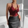 Deep red halter neck knit crop top with ribbed texture and front tie detail for women - S / Burgundy