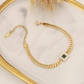 Gold stainless steel bracelet featuring emerald square stone and sparkling rhinestones - Bracelet / Gold