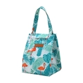 Blue lunch bag with flamingo and tropical leaf pattern, insulated interior with handle - Green Flamingo