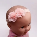 Infant lace headband with dual light pink satin fabric flowers and elastic strap - Double Flower Pink