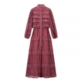 Elegant dark red long sleeve dress with lace patchwork and stand collar design - S / Rouge Red