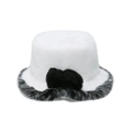 Close-up of white faux fur bucket hat featuring a black plush bow and trim details - M (56-58cm) / White