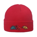 Red knit beanie featuring three cartoon dinosaur embroideries on a folded brim - M (56-58cm) / Red