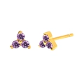 Detail of s925 silver needle earrings with purple zircon in a triangle golden setting - Style 1-Three Stone Triangle Studs / Purple/Gold