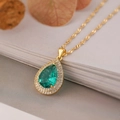 Water drop emerald pendant necklace with white zircon and gold twisted chain jewelry - Emerald Green (23960)