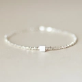 Minimalist silver chain bracelet with natural freshwater pearl and cube pendant charm - Silver Tone Square Cube