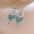 Bohemian silver bird earrings with turquoise beads and feather tassel detail - Alloy/Acrylic/925 Silver Pin / Ear Hook Style - Silver - Blue-green