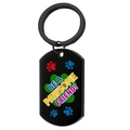 Detail of black stainless steel pet tag featuring rainbow text and colorful paw prints - Black 005