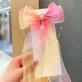 Pink and orange gradient organza bow hair clip with pearls and long 25cm ribbons - Pink Yellow Gradient With Pearl Chain