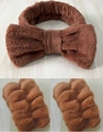 Brown plush bow headband and matching wristbands set for face washing and makeup - Caramel Headband & Wristbands Set